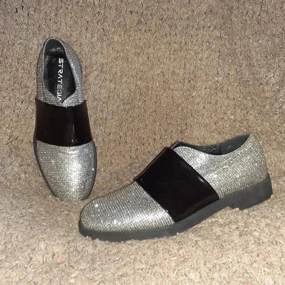 STRATEGIA-Diamante Crystal Jeweled-Black Patent Strap-Loafers-Sz 36-NWOB